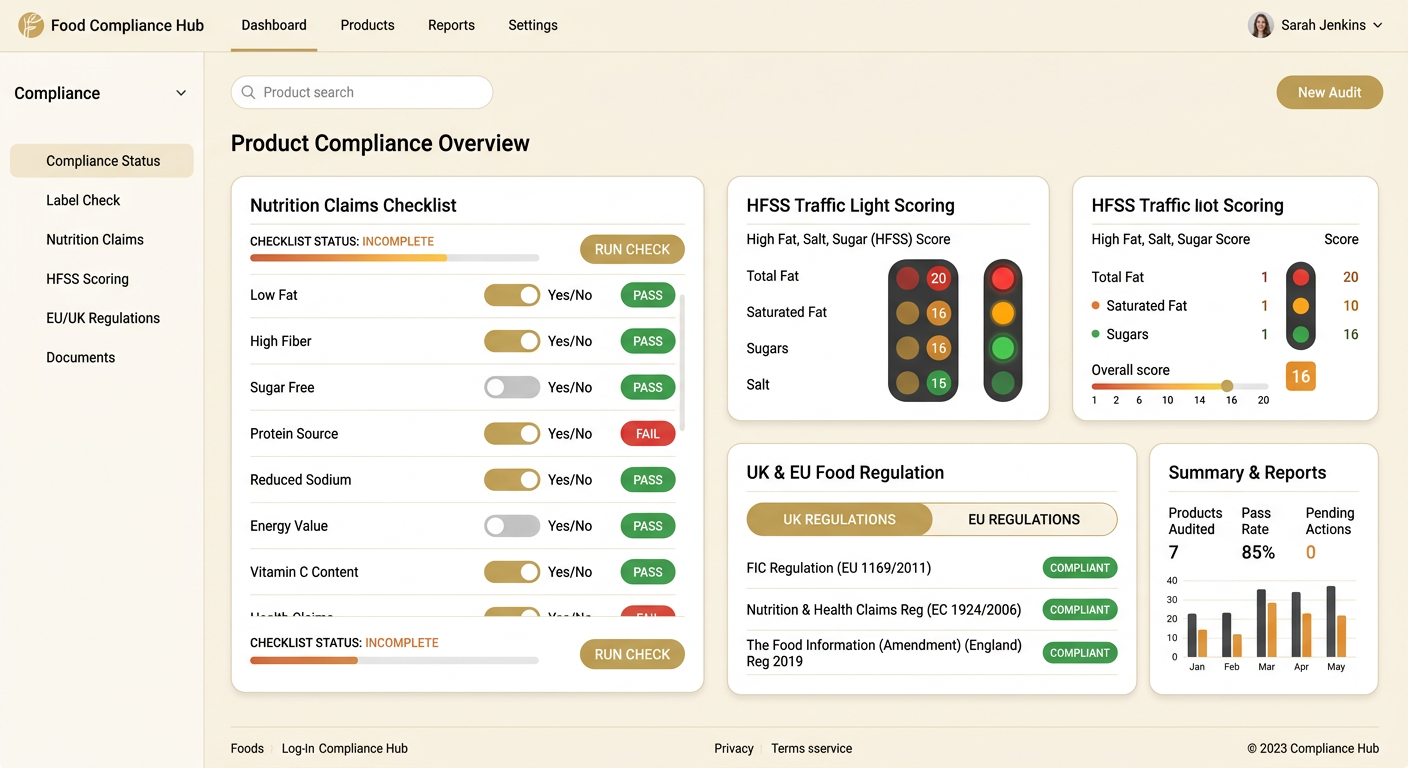 Compliance dashboard with nutrition claims